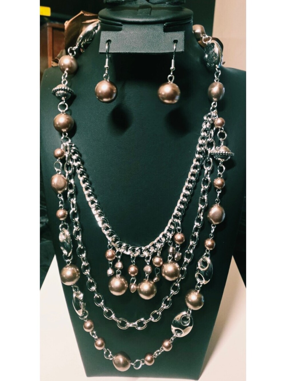Bronze Pearl Multi Strand Chain Necklace and Earrings Set